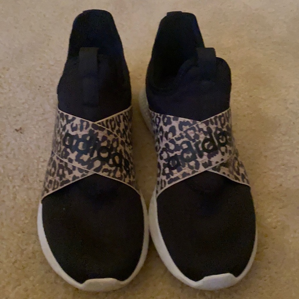 Black and Leopard Adidas slip on